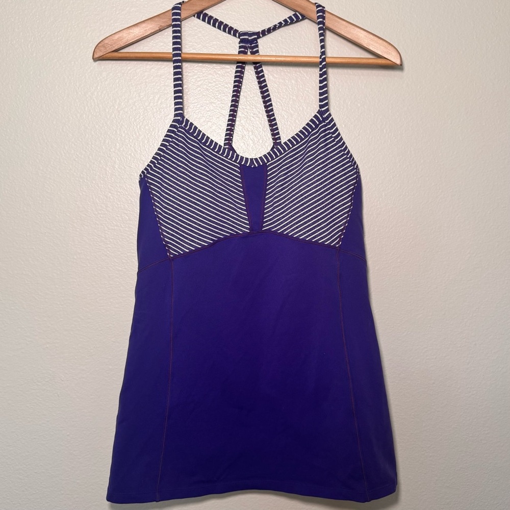 Athleta Fulfillment Tank Top Purple Built In Bra Striped Trim MT